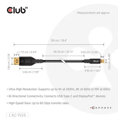 Club 3D B.V DP80 DisplayPort to C 1M/3.28FT Cable, image 8