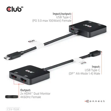 Club 3D B.V USB C to Dual HDMI 4K 60HZ ADAPTER+PD3 0, image 6