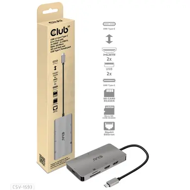 Club 3D B.V USB 3.2 GEN1 Type-C 8-in-1 Hub - 2 HDMI, 2 USB-a, RJ45, SD/Micro SD and USB-C., image 7