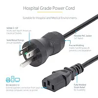 StarTech.com 15 ft (4.5 m) 18AWG Hospital Grade Power Cord W/ NEMA 5-15P and IEC C13 Connectors, image 8