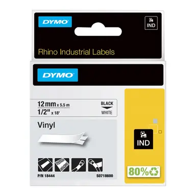 Dymo Rhino 1/2IN X 18 ft, White Vinyl Labels - Compatibility 3M PL100, 3M PL150
