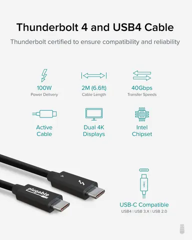Plugable Technologies Plugable Thunderbolt 4 Cable Thunderbolt Certified 6.6 ft USB4 Cable with 100W, image 6