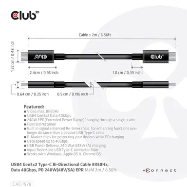 Club 3D B.V USB4 Gen 3X2 C M-M 2M/6.56FT Cable, image 7