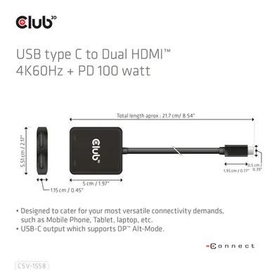 Club 3D B.V USB C to Dual HDMI 4K 60HZ ADAPTER+PD3 0, image 4
