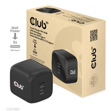 Club 3D B.V Travel Charger PPS 45W Gan Technology, Dual Port USB Type-C, Power DELIVERY(PD), image 6