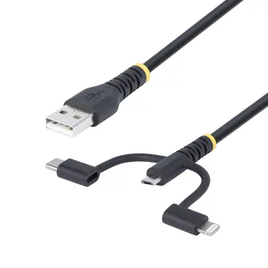 StarTech.com 3.3 ft (1M) Rugged USB Multi Charging Cable, USB to Lightning/Micro-USB/Type-C