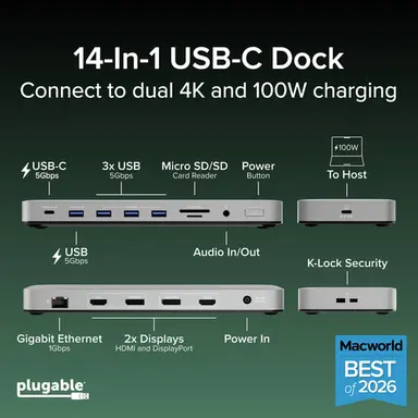 Plugable Technologies 14-in-1 Dock for Mac: Premium Aluminum Housing with Space Gray Finish; Supports, image 3