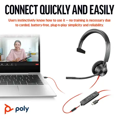 HP Poly Blackwire 3315 Monaural USB-C Headset +3.5MM Plug +USB-C/A Adapter, image 7