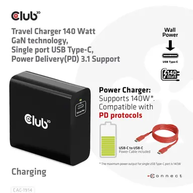 Club 3D B.V 140W Gan 1X Usbc Travel Charger, image 6