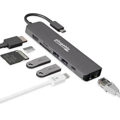 Plugable Technologies Plugable 7-in-1 USB C Hub Driverless Multiport Adapter with Ethernet, 100W Charg