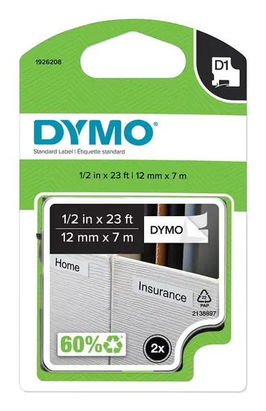 Dymo Labelmanager D1 Black Print/ White Tape, 1/2 X 23 - 2 Pack (45013)- 0.5IN