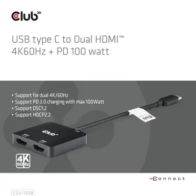 Club 3D B.V USB C to Dual HDMI 4K 60HZ ADAPTER+PD3 0, image 3