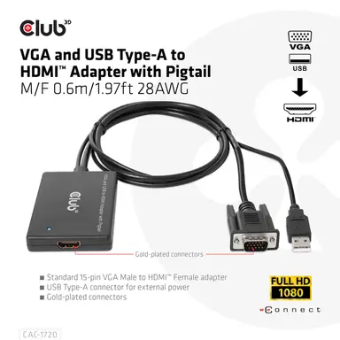 Club 3D B.V VGA and USB-a to HDMI Adapter 1.97 ft, image 6