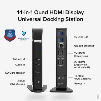 Plugable Technologies Plugable 14-in-1 USB C Docking Station 4X HDMI Quad Dock with 100W Charging, H, image 3
