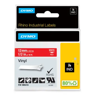 Dymo Rhino 1/2IN Red VINYL-12MM - Direct Thermal - Compatibility Dymo Rhino 4200, 520