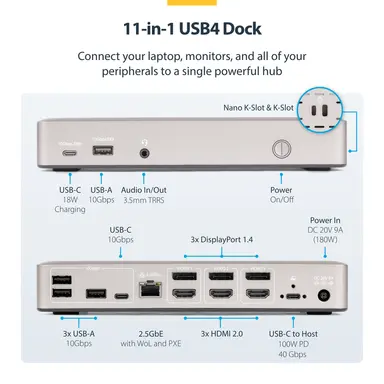 StarTech.com Triple-Monitor USB4 Docking Station, 4K 60HZ HDMI or DisplayPort, up to 100W Lap