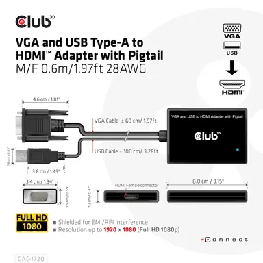 Club 3D B.V VGA and USB-a to HDMI Adapter 1.97 ft, image 7