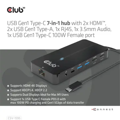 Club 3D B.V USB-C 7-IN-1 Hub with 2X HDMI 2X Usb-A 1X RJ45 1X 3.5MM Audio 1X US, image 8