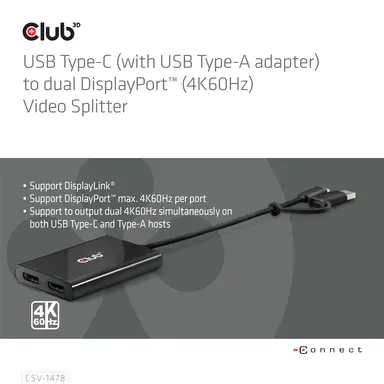 Club 3D B.V USB A to Dual Displayport 4K60HZ Adapter, image 6