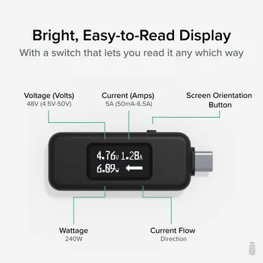 Plugable Technologies Plugable USB C Power Meter Tester for Monitoring USB-C Connections up to 240W, image 6
