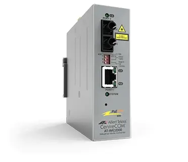 Allied Telesis TAA, 10/100TX PoE+ to 100FX/SC Industrial Temp Fast Ethernet Media Converter