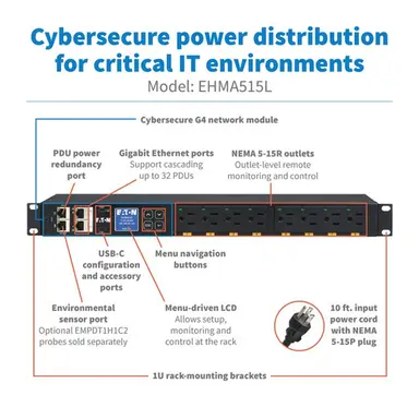 Eaton Single-Phase Managed Rack PDU G4, 120V, 8 NEMA 5-15R Outlets, 12A, 1.4KW, L5-15P, image 4