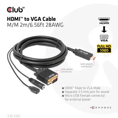 Club 3D B.V HDMI to VGA Cable 6.56 ft Full HD 1080P, image 8