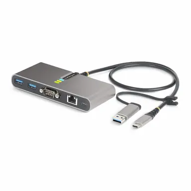 2-PORT USB-C Hub with Ethernet and RS-232 Attached USB-C to USB-A Dongle 100W