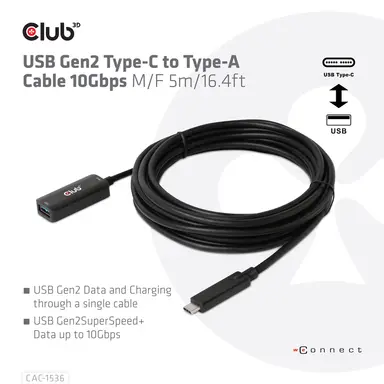 Club 3D B.V Usbc GEN2 to Usba Cable 10GBPS M/F 16 ft, image 8