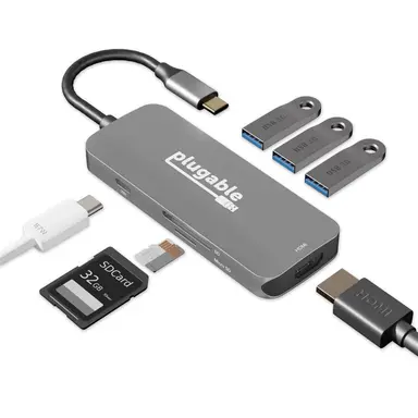 Plugable Technologies Plugable USB-C 7-in-1 Hub 4K60HZ HDMI, Universal Compatibility for Dell/Lenovo/H