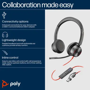 HP Poly Blackwire 8225 Stereo Microsoft Teams Certified USB-C Headset +USB-C/A, image 7