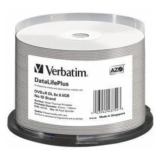 Verbatim Americas DVD+R DL 8.5GB 8X, White Wide Thermal Printable, 50PK Spindle