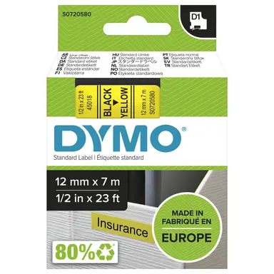 Dymo Labelmanager D1 Black Print/ Yellow Tape, 1/2 X 23, Always Use Dymo-Branded