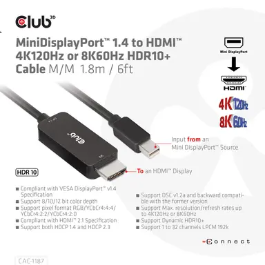 Club 3D B.V CLUB3D Minidp 1.4 to HDMI CABLE. 4K120HZ OR 8K60HZ SUPPORT. Supports, image 6