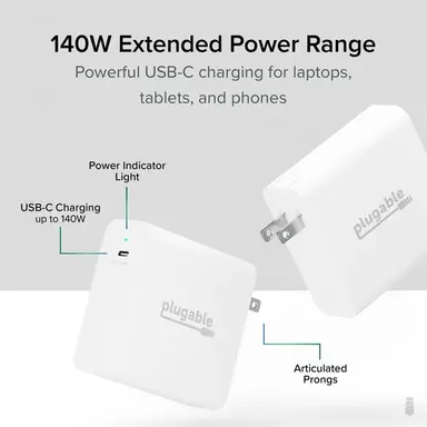 Plugable Technologies Plugable 140W USB C Charger, Gan Wall Laptop Charger, PD 3.1 (Epr) Power Adapter, image 6