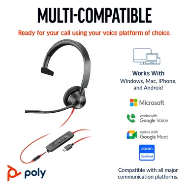 HP Poly Blackwire 3315 Monaural Microsoft Teams Certified USB-C Headset +3.5MM Plug