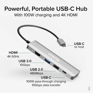Plugable Technologies Plugable USB C Multiport Adapter Hub, 4 in 1, 100W Power Delivery Charging, USB, image 6
