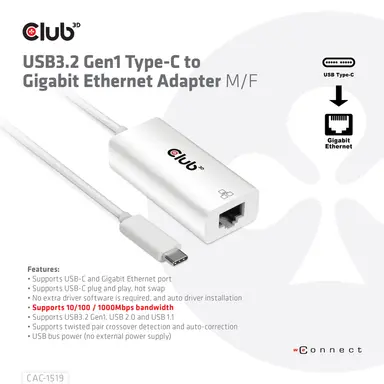 Club 3D B.V USB3.2 GEN1 Type-C to Gigabit Ethernet Adapter. Enable Your MacBook, Chromebook, image 7