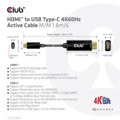 Club 3D B.V HDMI to USB-C 4K60HZ Active Cable 6 FT, image 8