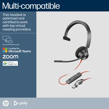 HP Poly Blackwire 3310 Monaural Microsoft Teams Certified USB-C Headset +USB-C/A, image 7