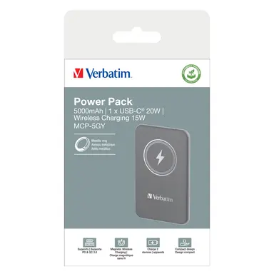 Verbatim Americas Charge N Go Magnetic Wireless Power Bank 5000 Mah - Gray, image 8