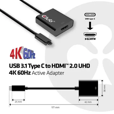 Club 3D B.V USB Type C 3.1 Gen 1 to HDMI 2.0 4K60HZ HDR Active Adapter, image 7