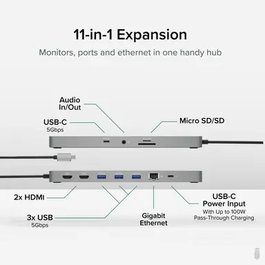 Plugable Technologies Plugable 11-in-1 USB-C Hub, 100W USB-C Pass-Through, Laptop Docking Station Dual, image 6