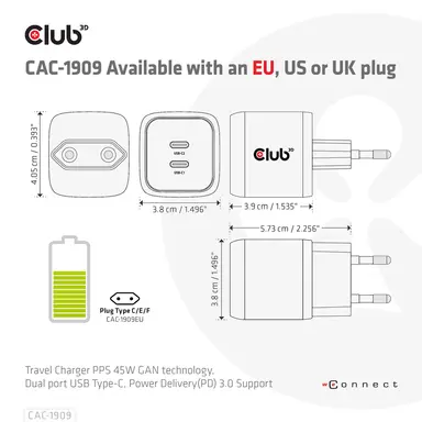 Club 3D B.V Travel Charger PPS 45W Gan Technology, Dual Port USB Type-C, Power DELIVERY(PD), image 8