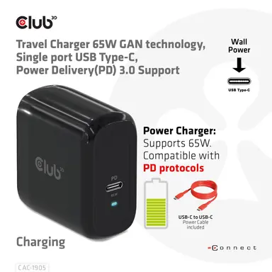 Club 3D B.V Single Port USB-C Travel Charger PPS 65W Gan Technology. Power Delivery (PD) 3.0, image 8