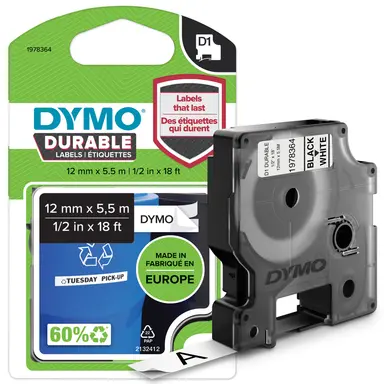 Dymo Labelmanager D1 Durable Label Black Print on White 1/2IN X 18 ft, Split-Back