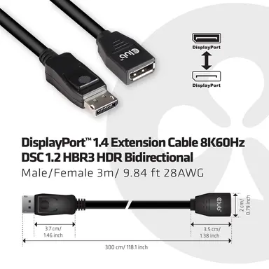 Club 3D B.V DisplayPort 1.4 Extension Cable 8K60HZ DSC 1.2 HBR3 HDR Bidirectional M/F 3M/9.8, image 6