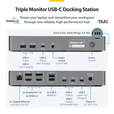 StarTech.com Triple-Monitor USB-C Docking Station, 140W Laptop Charging Dock for MacBook Pro, image 7