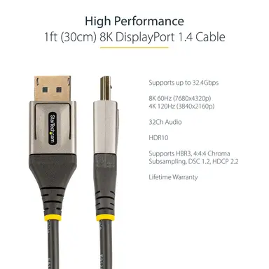 StarTech.com 1 ft (30CM) DisplayPort 1.4 Cable - 8K 60HZ HDR10 - Ultra HD 4K 120HZ Video - DP, image 6