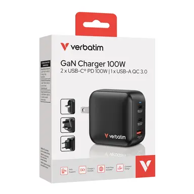 Verbatim Americas Mini Gan Charger 100W 3-Port US Plug with EU and UK Adaptors, image 4